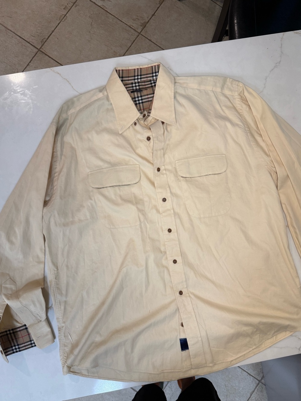Burberry London Men’s XL Beige Button Up Shirt Nova Check Collar Cuffs USA